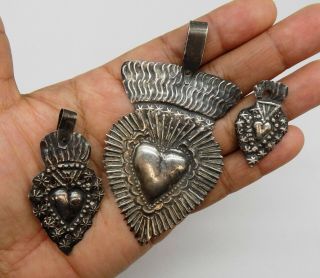 ANTIQUE Sacred Heart Jesus Ex Voto 3 MIRACLE 10.  8 GRAMS STERLING SILVER 925 F - 9 2