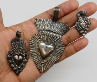ANTIQUE Sacred Heart Jesus Ex Voto 3 MIRACLE 10.  8 GRAMS STERLING SILVER 925 F - 9 3