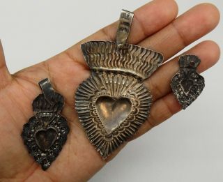 ANTIQUE Sacred Heart Jesus Ex Voto 3 MIRACLE 10.  8 GRAMS STERLING SILVER 925 F - 9 4