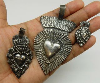 ANTIQUE Sacred Heart Jesus Ex Voto 3 MIRACLE 10.  8 GRAMS STERLING SILVER 925 F - 9 5