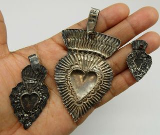 ANTIQUE Sacred Heart Jesus Ex Voto 3 MIRACLE 10.  8 GRAMS STERLING SILVER 925 F - 9 6
