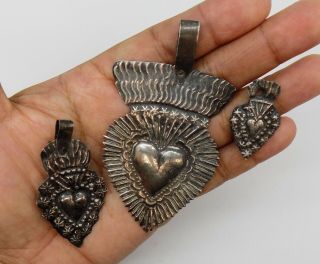 ANTIQUE Sacred Heart Jesus Ex Voto 3 MIRACLE 10.  8 GRAMS STERLING SILVER 925 F - 9 7
