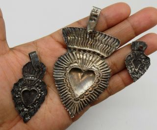 ANTIQUE Sacred Heart Jesus Ex Voto 3 MIRACLE 10.  8 GRAMS STERLING SILVER 925 F - 9 8