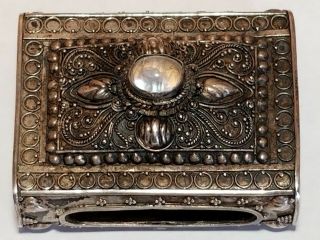 Antique Ornate Relief Design Sterling Silver Match Safe With Moon Stone