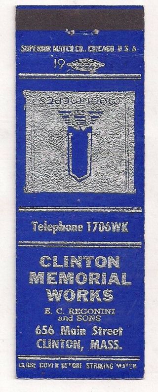 Clinton Memorial,  656 Main St,  Clinton Ma E.  C.  Regonini Matchcover 072318