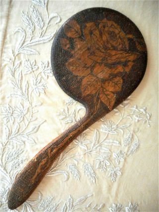 Unique Antique Vintage Wooden Wood Hand Carved Rose Floral Vanity Hand Mirror