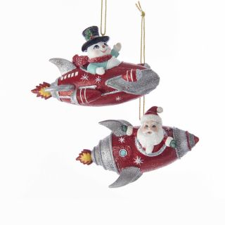 Santa And Snowman In Space Rockets Ornaments Set Of 2 Kurt Adler Space Age