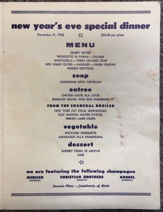 Vintage 1958,  Bimbo ' s 365 Club,  Restaurant,  San Francisco Year ' s Eve Menu 2