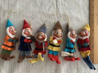 6 Vintage Rubber Faced Dwarf Elf Christmas Ornaments Felt Clothing Bodies 1940