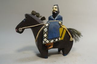 Pww115 Japanese Hachiman Folk Art Wooden Painted Horse & Rider 3 1/2 " High