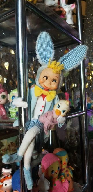 Rare Vintage Blue Easter Bunny Rabbit Pixie Boy With His Ducky
