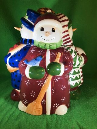 Christmas Holiday Cookie Treat Jar Block Snow People By Gear Handpainted 1999