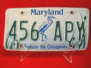 Maryland License Plate " Treasure The Chesapeake " With Center Blue Heron & Marsh