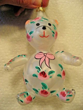 De Carlini Bear With Hand - Painted Flowers Glass Christmas Ornament Made In Italy