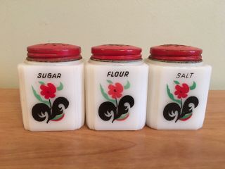Tipp Usa Milk Glass Salt Sugar Flour Shakers Black Red Flower Pattern Vintage