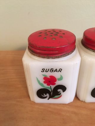 Tipp USA Milk Glass Salt Sugar Flour Shakers Black Red Flower Pattern Vintage 2