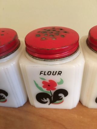 Tipp USA Milk Glass Salt Sugar Flour Shakers Black Red Flower Pattern Vintage 3