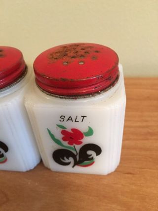 Tipp USA Milk Glass Salt Sugar Flour Shakers Black Red Flower Pattern Vintage 4