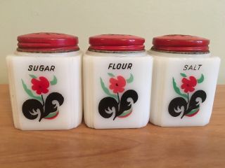 Tipp USA Milk Glass Salt Sugar Flour Shakers Black Red Flower Pattern Vintage 5