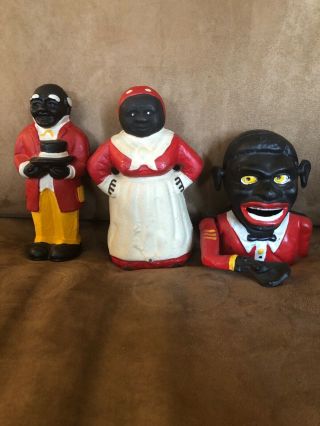 Black Americana 8 " Aunt Jemima & 8 " Uncle Moses With Jolly Boy Cast Iron Banks