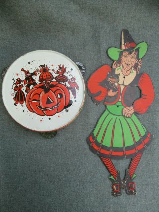 Vintage 1950s - 1960s Tin Toy Halloween Tambourine & Cardboard Witch Decoration