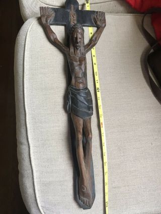 Vintage Rare 2 Foot Inri Crucifix Jesus Cross Hand Carved Wooden Sculpture