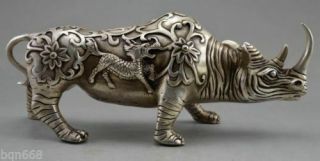 10 " Chinese Fengshui Silver Copper Beast Kirin Kylin The Rhino Rhinoceros Statue