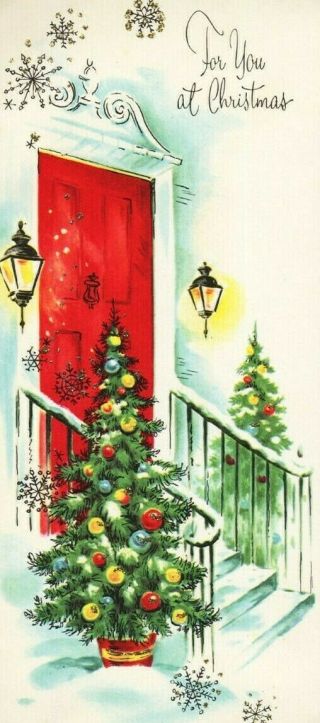Vintage Red Front Door Doorway Scene Christmas Greeting Card Mid Century Modern