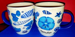 2 Large White & Blue Coffee Mug Ocean City,  Maryland Seashells & Sand Dollar.