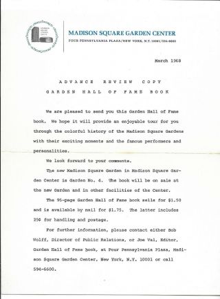 1968 Promotional Letter Typed On Madison Square Garden Letterhead