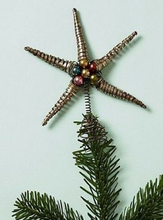 Rare Anthropologie Star Ornament Christmas Tree Topper Silver Multicolor Ball