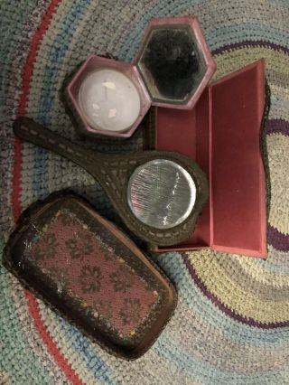 Vintage Antique Dresser Vanity Set,  Mirror,  Glove & Powder Box,  Perfume Tray
