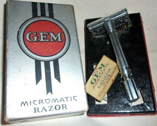 1930s Vintage Boxed Gem Micromatic Open Comb Single Edge Safety Razor & Blade