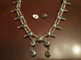 Estate Silver Turquoise Necklace Earrings Set Bear Paw Design 20”long And 50g