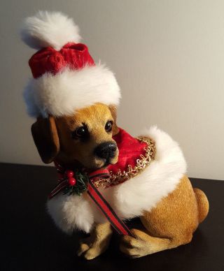 Holiday Christmas Figurine Pup Dog Santa Claus Outfit With Ornaments Red Hat