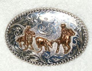 3 1/2 " Fleming Sterling Silver Horse Western Cowboys & Steer Belt Buckle 78.  1g