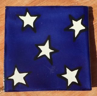 10 Talavera Mexican Pottery 4 " Tile Classic Cobalt Blue Creamy Off White Stars