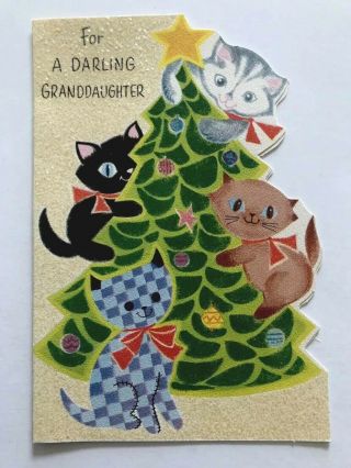 Vintage Die Cut Rust Craft Christmas Card Mod Kitty Cat Tree Ornament Glitter