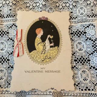 Vintage Greeting Card Valentine Victorian Woman Art Deco Flower