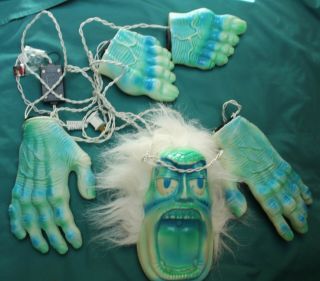 Vintage Large Ghoul Scary Face Faux Hair Hands Feet String Of Lights Halloween