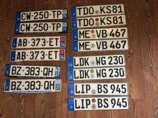 14 License Plates (4 Pair Germany,  3 Pair France)