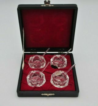 Vintage Hand Cut Crystal Salt Cellar Dips Set Caviar Bowls Dish W/ Spoons Box