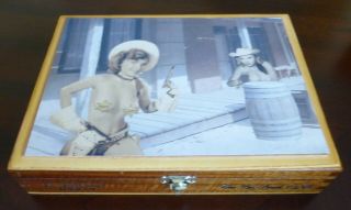 Wooden Cigar Box,  Man Cave Item,  Retro Nude Cowgirl Sherriff & Outlaws,  Design 2