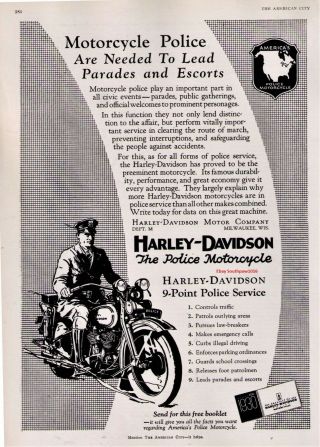 1930 Harley Davidson " 9 Point Police Service " Police Motorcycle Print Ad