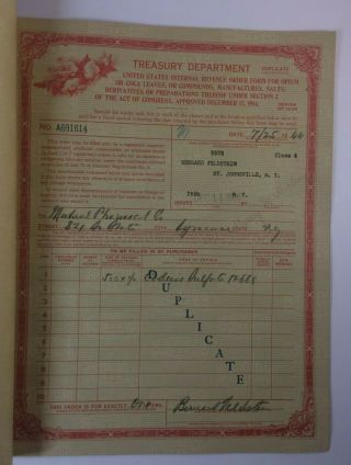 Series of 1936 Order Forms for Opium,  U.  S.  Internal Revenue St.  Johnsville,  N.  Y. 5