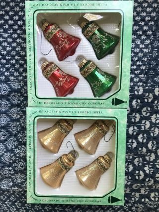 8 Vintage Krebs Gold Red Green Bell Christmas Ornaments Crown Caps Glitter Lace