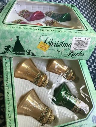 8 Vintage Krebs Gold Red Green Bell Christmas Ornaments Crown Caps Glitter Lace 2