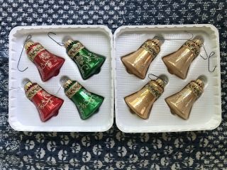 8 Vintage Krebs Gold Red Green Bell Christmas Ornaments Crown Caps Glitter Lace 3