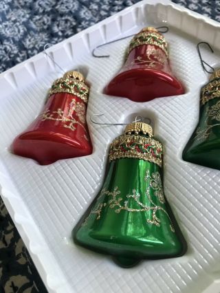 8 Vintage Krebs Gold Red Green Bell Christmas Ornaments Crown Caps Glitter Lace 4