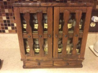 Two Tier Vintage Wood Spice Cabinet With 12 Glass Spice Jars And Labels.